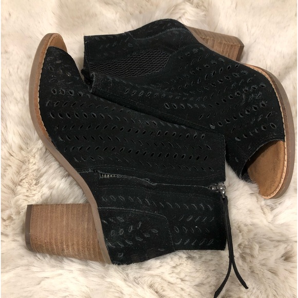 Toms Black Suede Perforated Leaf Majorca Peep Toe Booties - Picture 3 of 7